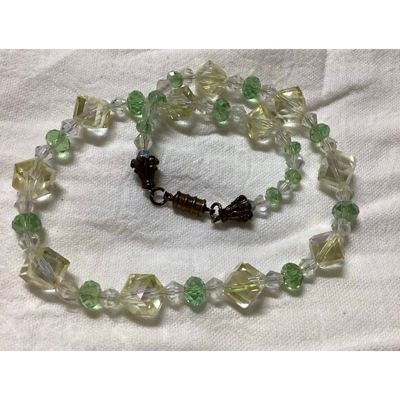 Necklace with Multicolored Green/ Yellow Sparkling Glass Beads & Magnetic Clasp - Picture 1 of 9